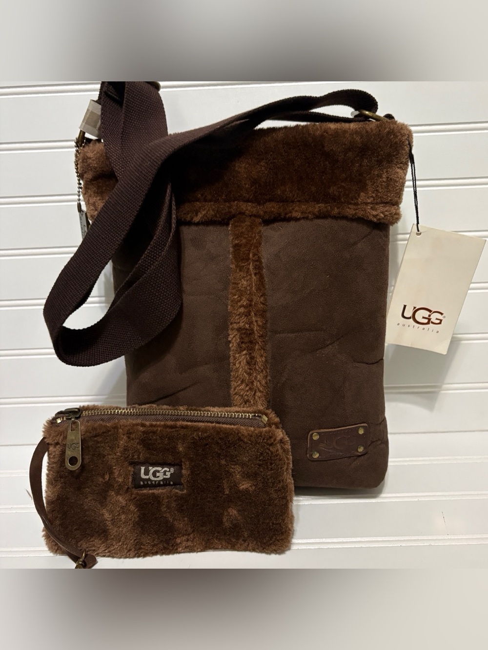 UGG Brown Suede Shearling Lined Hobo Shoulder Crossbody Bag Tote & Wallet NEW